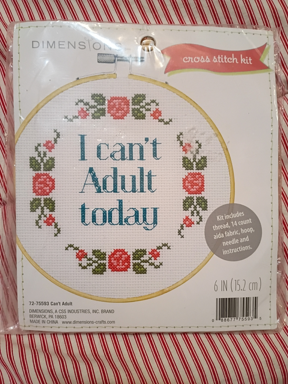 "I Can't Adult Today" Cross Stitch Kit - Floral Hoop